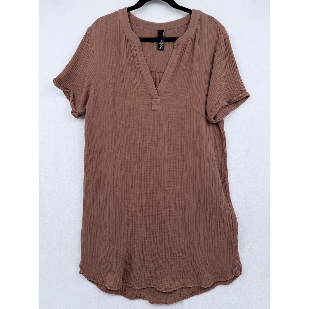 Bobi Los Angeles Brown Cotton Gauze Short Sleeve Tunic Dress L Boho Earthy